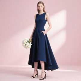 Elegant Navy Blue Sleeveless High-Low Dress with Pockets | Wedding & Formal Wear