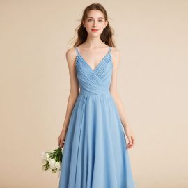 Light Blue Spaghetti Strap Pleated Maxi Dress for Evening & Wedding Occasions