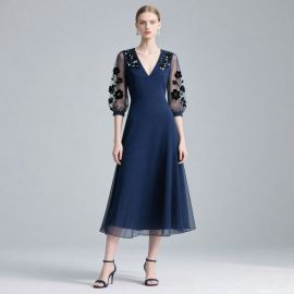 Elegant Navy Blue Midi Dress: Embroidered Flowers & Sequins on Sheer Sleeves