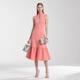 Elegant Pink Sleeveless High - Neck Midi Dress with Keyhole & Flared Hem