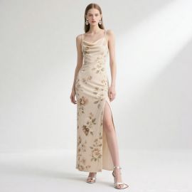Elegant Floral Print Spaghetti Strap High Slit Maxi Dress for Women