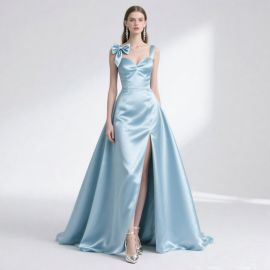 Light Blue Satin Gown with Bow & High Slit - Elegant Evening Dress