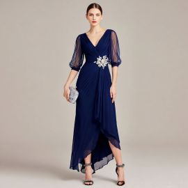 Navy Blue V-Neck Evening Gown: Sheer Sleeves, Embellished Waist, Asymmetric Hem - Formal Elegance