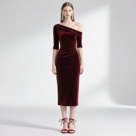 Burgundy Velvet One - Shoulder Slim Fit Midi Dress | Elegant Party Evening Gown