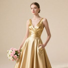 Gold Satin V-Neck Wrap Design Elegant Evening Dress