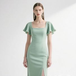 Mint Green Square Neck Ruffled Sleeve Bodycon Dress with Front Slit