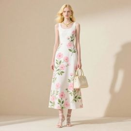 Elegant Sleeveless White Midi Dress with Pink Floral Print - Summer Chic Style