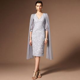 Elegant Gray Embroidered Midi Dress with Cape, V-Neck Formal Evening Gown for Women