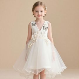 Kids Girls White Sleeveless Dress with Butterfly & Flower Appliques, Pearl-Embellished Tulle Skirt - Elegant Party Gown