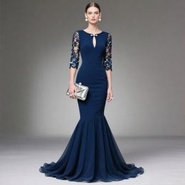 Navy Blue Mermaid Evening Dress with Lace Sequined Sleeves - Elegant Formal Gown