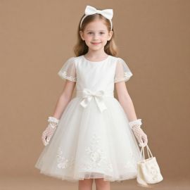 Elegant Kids White Lace Flower Girl Dress with Tulle Skirt & Bow - Wedding/Party Perfect