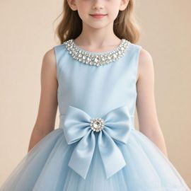 Elegant Light Blue Girl's Dress: Crystal Collar & Oversized Bow - Tulle Party Gown