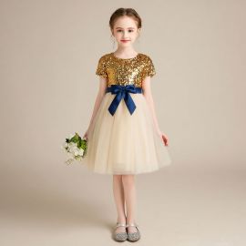 Girls Gold Sequin Tulle Dress with Bow - Party Wedding Flower Girl Gown