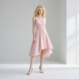 Elegant Pink Sleeveless V - Neck High - Waisted Asymmetric Hem Midi Dress