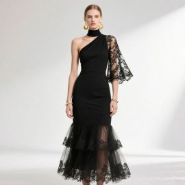 Elegant Black One - Shoulder Dress with Lace Sleeve and Tiered Tulle Skirt for Evening Events