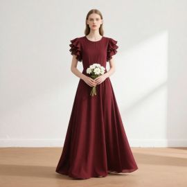 Elegant Burgundy Long Dress with Ruffled Sleeves | Formal Evening Gown