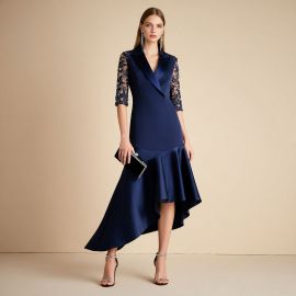 Navy Blue Asymmetric Evening Dress with Beaded Lace Sleeves - Formal Occasion Wear