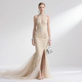 Elegant Champagne Halter Neck Evening Gown with Embroidery & High Slit - Red Carpet Ready
