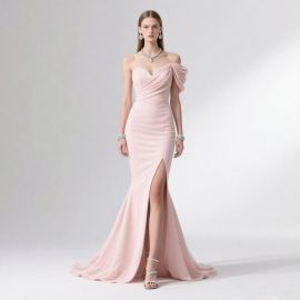 Elegant Pink Off-Shoulder Mermaid Gown: Ruched Bodice & High Slit Design