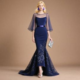 Navy Blue Mermaid Evening Dress: Sheer Sleeves & Floral Embroidered Train