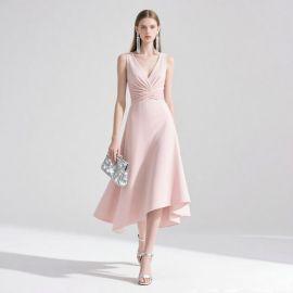 Elegant Pink Asymmetric Midi Dress with Ruched Waist - Chic V-Neck Sleeveless Gown