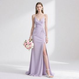 Lavender Spaghetti Strap Slit Gown: Elegant Long Dress for Weddings & Events