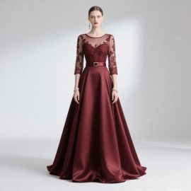 Burgundy Lace-Sleeve Satin Evening Gown with Waist Belt - Elegant Formal Dress