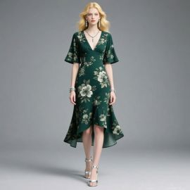 Elegant Green Floral Print High-Low Hem V-Neck Midi Dress