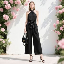 Elegant Halter Neck Bow Tie Wide-Leg Jumpsuit - Chic Summer Style