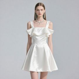 Elegant White Off - Shoulder Ruffle Satin Mini Dress for Weddings & Events