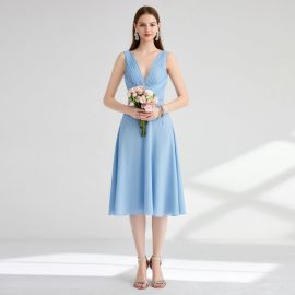 Light Blue V-Neck Pleated Sleeveless Midi Dress for Bridesmaids & Weddings