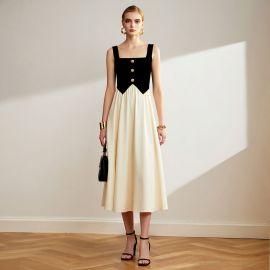 Chic Black & White Spliced Midi Dress: Square Neck + Gold Buttons - Elegant Sleeveless Style
