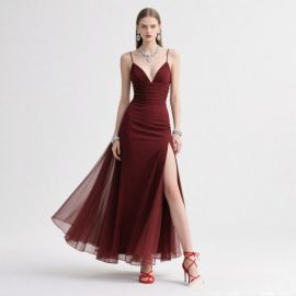 Elegant Burgundy Spaghetti Strap Deep V-Neck High Slit Evening Dress