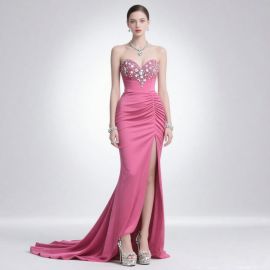 Pink Strapless Mermaid Gown with Beaded Bodice & High Slit Evening Dress
