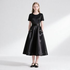 Girls' Black Satin Midi Dress: Belted Waist & Pocket Design - Elegant Vintage Style