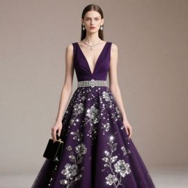 Luxury Purple Deep V Evening Gown: Sequined Floral Embroidery & Rhinestone Belt Design