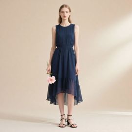 Elegant Navy Blue Sleeveless Midi Dress with High-Low Hem & Cinched Waist