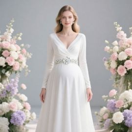 Long-Sleeve V-Neck White Wedding Dress with Crystal Flower Belt - Elegant Bridal Gown