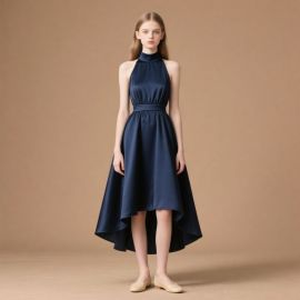 Navy Blue High - Neck Halter Asymmetric Satin Midi Dress