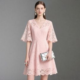 Pink Lace V-Neck Short Sleeve Dress - Elegant Summer Fashion Statement