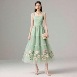 Mint Green Embroidered Floral Tiered Tulle Midi Dress | Elegant Summer Style