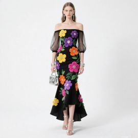 Off - Shoulder Floral Embroidered High - Low Evening Dress
