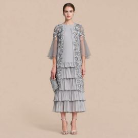 Elegant Gray Tiered Dress & Embroidered Mesh Jacket Set - Formal Occasion Outfit