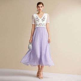 Elegant Women's Floral Lace Embroidered V-Neck Chiffon Midi Dress