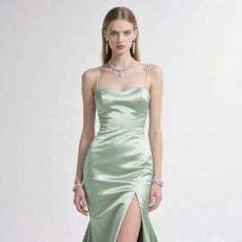 Mint Green Satin Spaghetti Strap Mermaid Dress with High Slit - Elegant Evening Gown