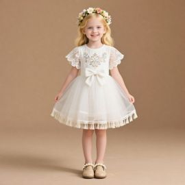 Kids White Lace Embroidered Dress with Big Bow & Tassel Skirt - Princess Party Gown