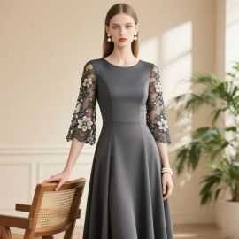 Elegant Gray Midi Dress with Floral Lace Sleeves & Sequin Embellishments