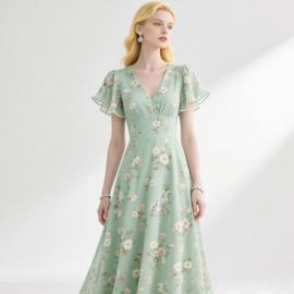 Mint Green Floral Print Dress - V-Neck Ruffled Short Sleeves Flowy Maxi Dress for Women