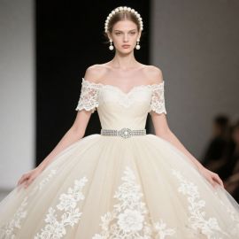 Elegant Off - Shoulder Lace Tulle Ball Gown Wedding Dress with Rhinestone Belt