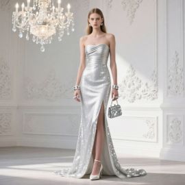 Sparkling Silver Strapless Gown with High Slit - Glamorous Evening Dress for Special Occasions